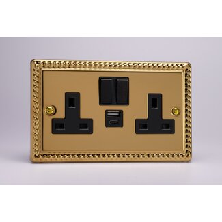 Varilight Classic 2-Gang 13A Single Pole Switched Socket with 1x USB A & 1x USB C Charging Ports Black Georgian Brass Black Insert