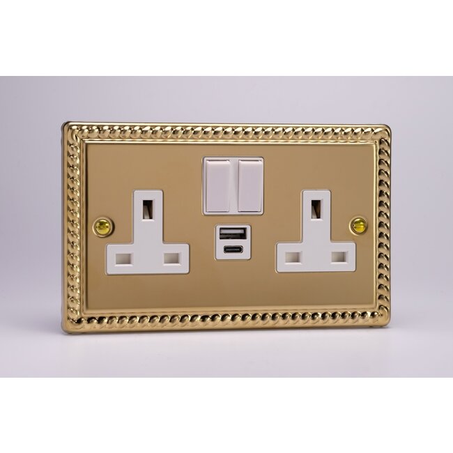 Varilight Classic 2-Gang 13A Single Pole Switched Socket with 1x USB A & 1x USB C Charging Ports White Georgian Brass White Insert