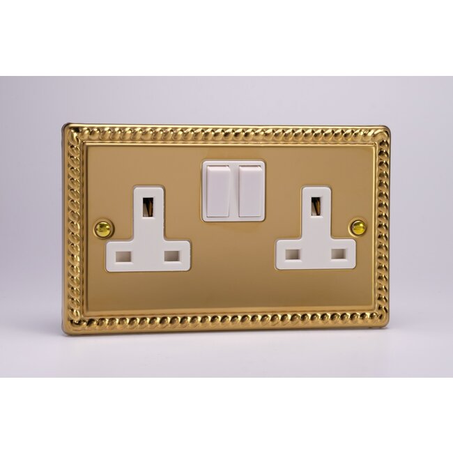 Varilight Classic 2-Gang 13A Double Pole Switched Socket White Georgian Brass White Inserts