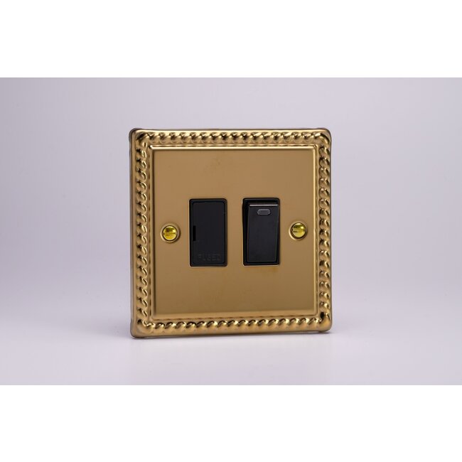Varilight Classic 13A Switched Fused Spur + Neon  Black Georgian Brass Black Inserts