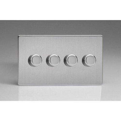 Varilight Screwless 4-Gang 2-Way Push-On/Off Rotary LED Dimmer 4 x 0-120W (1-10 LEDs) (Twin Plate) V-Pro Brushed Steel Steel Knobs