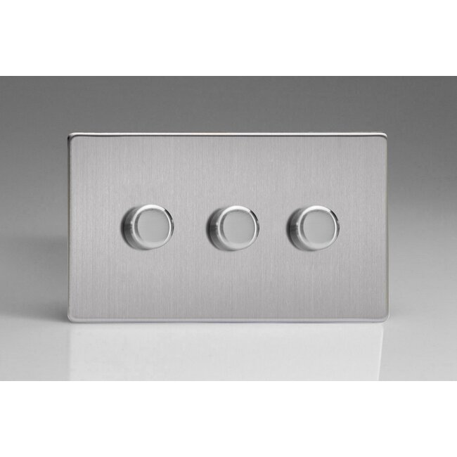 Varilight Screwless 3-Gang 2-Way Push-On/Off Rotary LED Dimmer 3 x 0-120W (1-10 LEDs) (Twin Plate) V-Pro Brushed Steel Steel Knobs