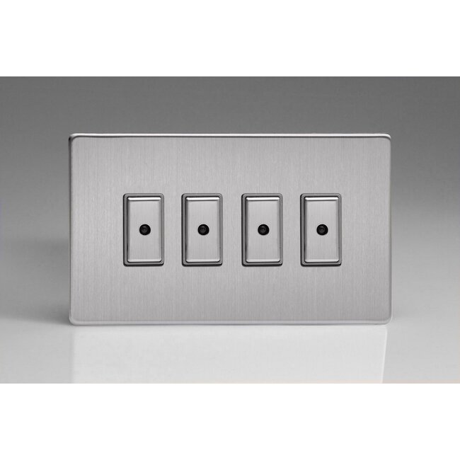 Varilight Screwless 4-Gang 1-Way V-Pro Multi-Point Remote/Tactile Touch Control Master LED Dimmer 4 x 0-100W (1-10 LEDs) (Twin Plate) V-Pro Multi-Point Remote (formerly Eclique2) Brushed Steel Steel Buttons