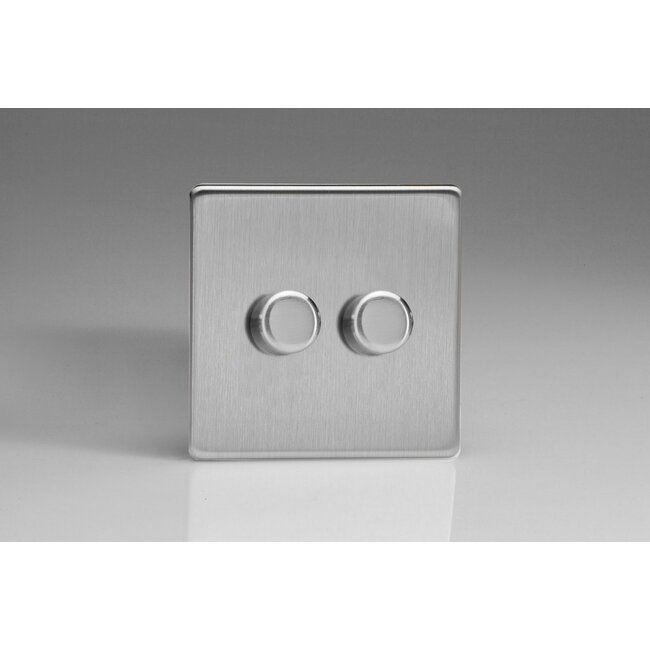Varilight Screwless 2-Gang 2-Way Push-On/Off Rotary LED Dimmer 2 x 0-120W (1-10 LEDs) V-Pro Brushed Steel Steel Knobs