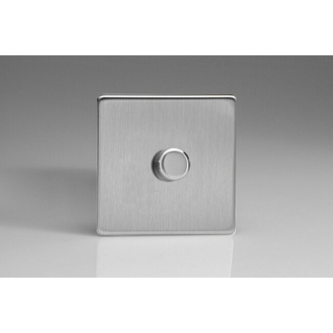 Varilight Screwless 1-Gang 2-Way Push-On/Off Rotary LED Dimmer 1 x 0-120W (1-10 LEDs) V-Pro Brushed Steel Steel Knob