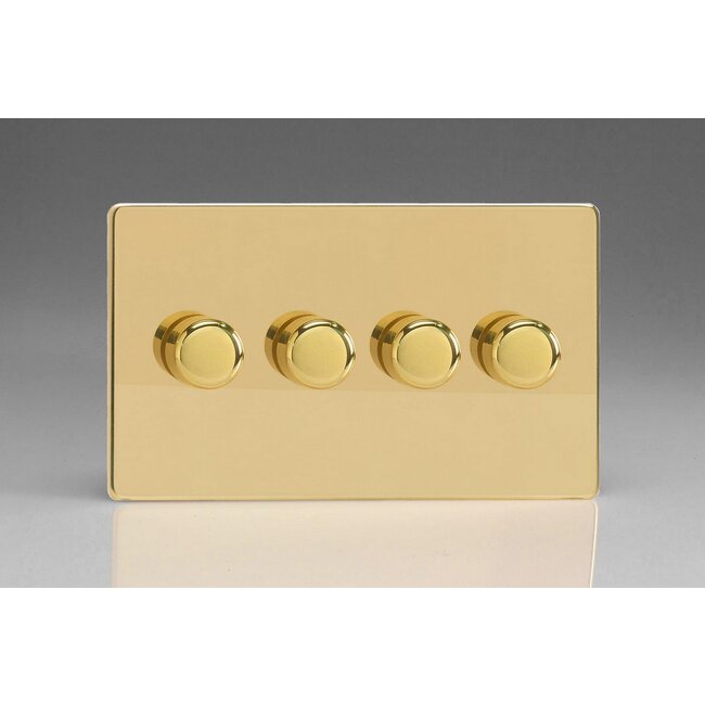 Varilight Screwless 4-Gang 2-Way Push-On/Off Rotary LED Dimmer 4 x 0-120W (1-10 LEDs) (Twin Plate) V-Pro Polished Brass Brass Knobs