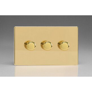 Varilight Screwless 3-Gang 2-Way Push-On/Off Rotary LED Dimmer 3 x 0-120W (1-10 LEDs) (Twin Plate) V-Pro Polished Brass Brass Knobs
