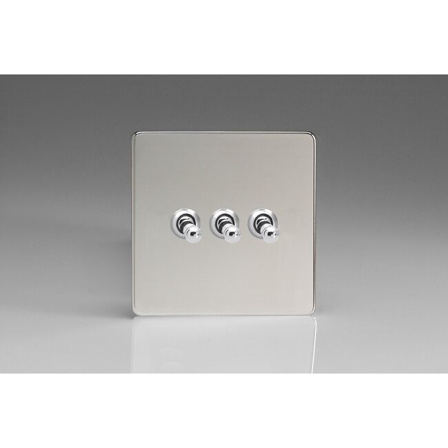 Varilight Screwless 3-Gang 10A 1- or 2-Way Toggle Switch Decorative Polished Chrome Chrome Toggles