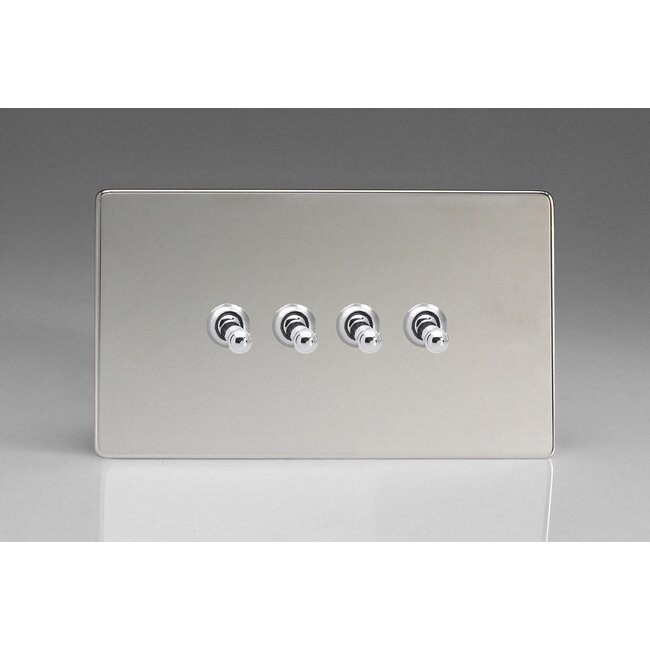 Varilight Screwless 4-Gang 10A 1- or 2-Way Toggle Switch (Twin Plate) Decorative Polished Chrome Chrome Toggles