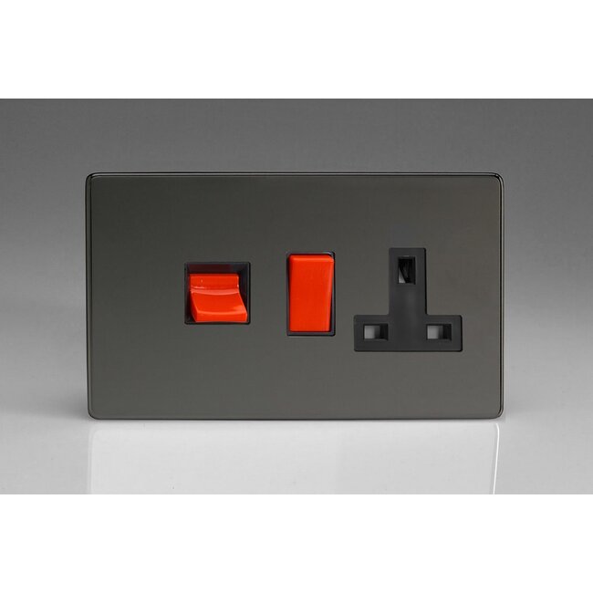 Varilight Screwless 45A Cooker Panel with 13A Double Pole Switched Socket Outlet (Red Rocker) Black Iridium Black/Red Inserts