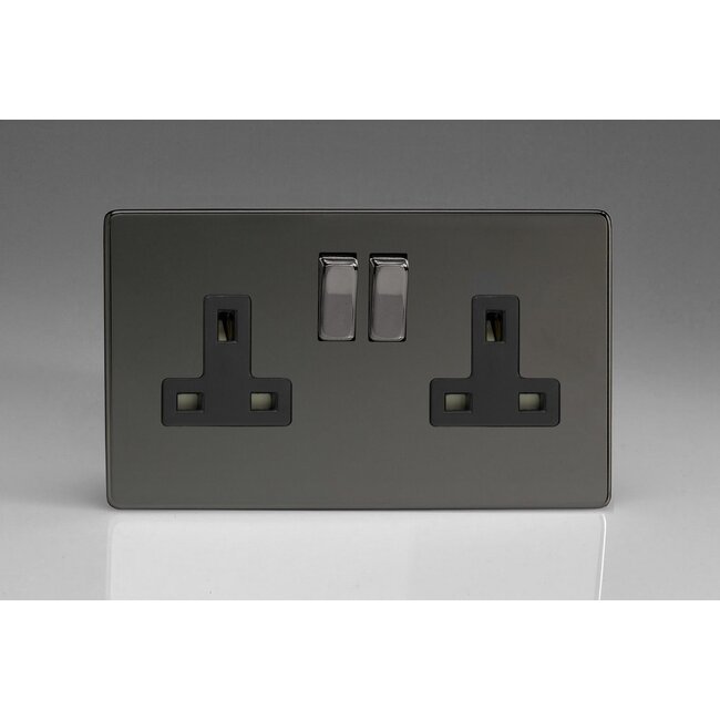 Varilight Screwless 2-Gang 13A Double Pole Switched Socket with Metal Rockers Black Iridium Iridium/Black Inserts