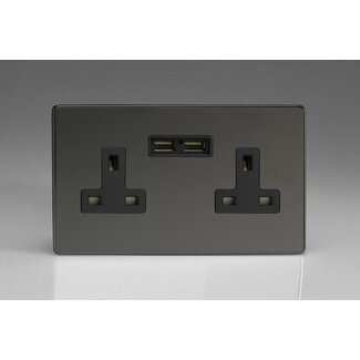 Varilight Screwless 2-Gang 13A Unswitched Socket + 2x5V DC 2100mA USB Charging Ports Black Iridium Black Inserts