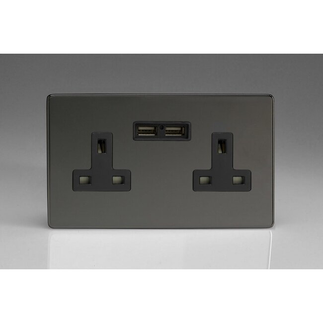 Varilight Screwless 2-Gang 13A Unswitched Socket + 2x5V DC 2100mA USB Charging Ports Black Iridium Black Inserts