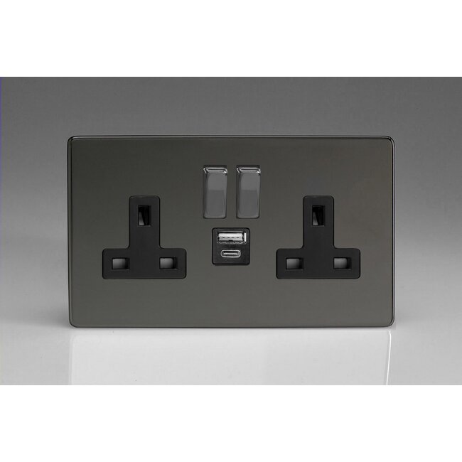 Varilight Screwless 2-Gang 13A Single Pole Switched Socket with 1x USB A & 1x USB C Charging Ports Black Iridium Iridium Rocker