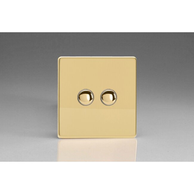 Varilight Screwless 2-Gang 6A 1- or 2-Way Push-On/Off Impulse Switch Decorative Polished Brass Brass Buttons
