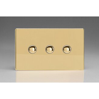 Varilight Screwless 3-Gang 6A 1- or 2-Way Push-On/Off Impulse Switch (Twin Plate) Decorative Polished Brass Brass Buttons
