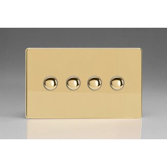 Varilight Screwless 4-Gang 6A 1- or 2-Way Push-On/Off Impulse Switch (Twin Plate) Decorative Polished Brass Brass Buttons