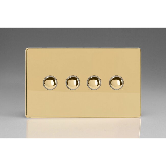 Varilight Screwless 4-Gang 6A 1- or 2-Way Push-On/Off Impulse Switch (Twin Plate) Decorative Polished Brass Brass Buttons