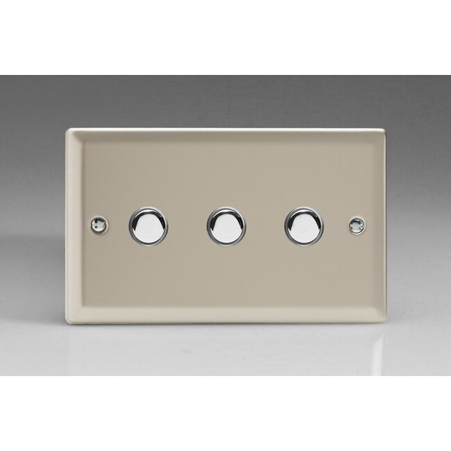 Varilight Classic 3-Gang 6A 1- or 2-Way Push-On/Off Impulse Switch (Twin Plate) Decorative Satin Chrome Buttons