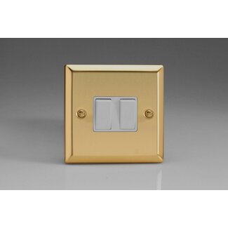 Varilight Classic 2-Gang (10A Intermediate Switch + 10A 1- or 2-Way Rocker Switch) White Victorian Brass White Rockers