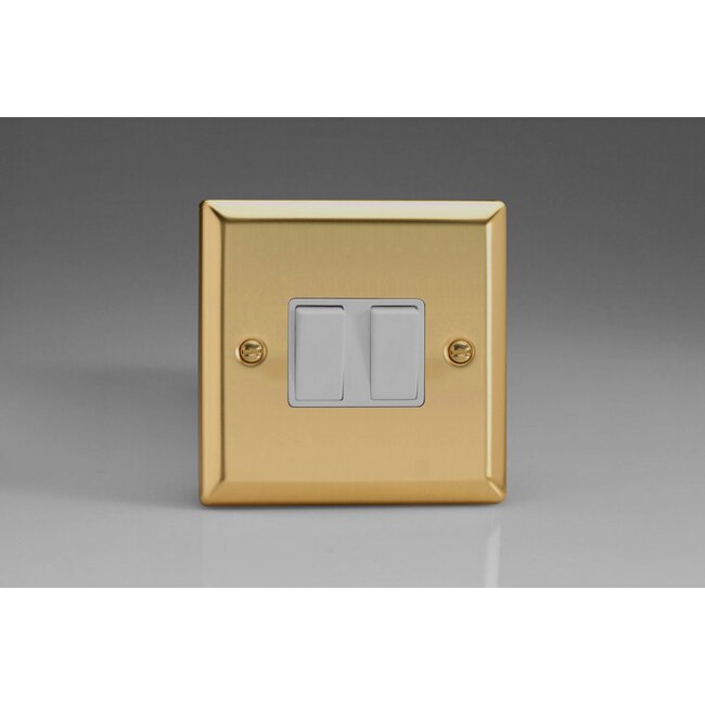 Varilight Classic 2-Gang (10A Intermediate Switch + 10A 1- or 2-Way Rocker Switch) White Victorian Brass White Rockers