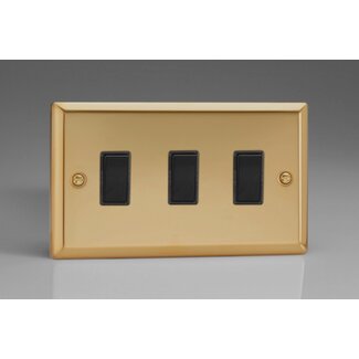 Varilight Classic 3-Gang 10A 1- or 2-Way Rocker Switch (Twin Plate) Black Victorian Brass Black Rockers