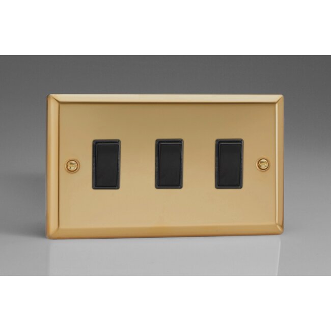 Varilight Classic 3-Gang 10A 1- or 2-Way Rocker Switch (Twin Plate) Black Victorian Brass Black Rockers