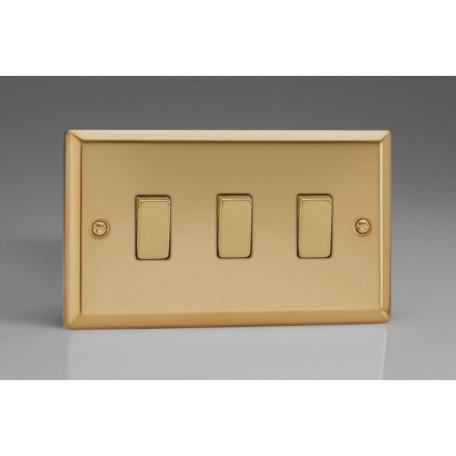 Varilight Classic 3-Gang 10A 1- or 2-Way Rocker Switch (Twin Plate) with Metal Rockers Decorative Victorian Brass Brass Rockers
