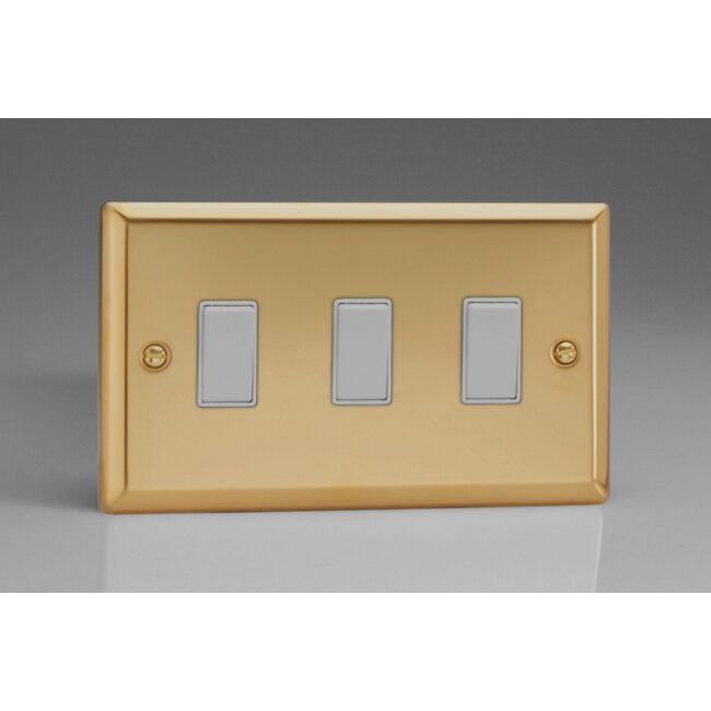 Varilight Classic 3-Gang 10A 1- or 2-Way Rocker Switch (Twin Plate) White Victorian Brass White Rockers