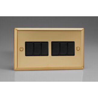Varilight Classic 6-Gang 10A 1- or 2-Way Rocker Switch (Twin Plate) Black Victorian Brass Black Rockers