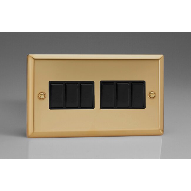 Varilight Classic 6-Gang 10A 1- or 2-Way Rocker Switch (Twin Plate) Black Victorian Brass Black Rockers