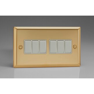 Varilight Classic 6-Gang 10A 1- or 2-Way Rocker Switch (Twin Plate) White Victorian Brass White Rockers