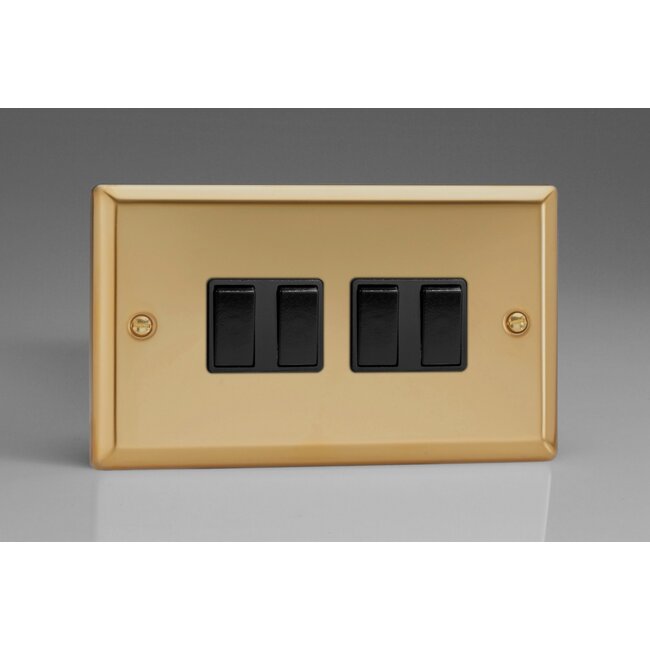Varilight Classic 4-Gang 10A 1- or 2-Way Rocker Switch (Twin Plate) Black Victorian Brass Black Rockers