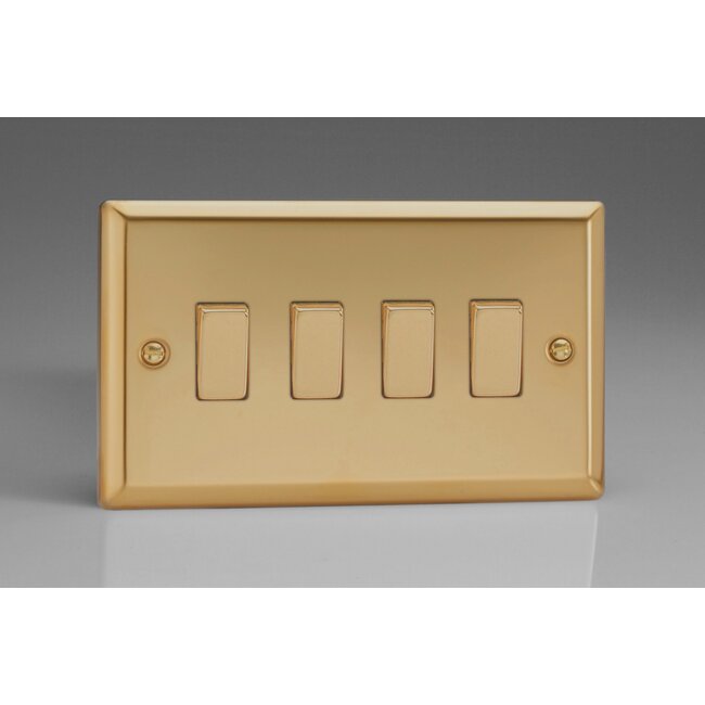 Varilight Classic 4-Gang 10A 1- or 2-Way Rocker Switch (Twin Plate) with Metal Rockers Decorative Victorian Brass Brass Rockers