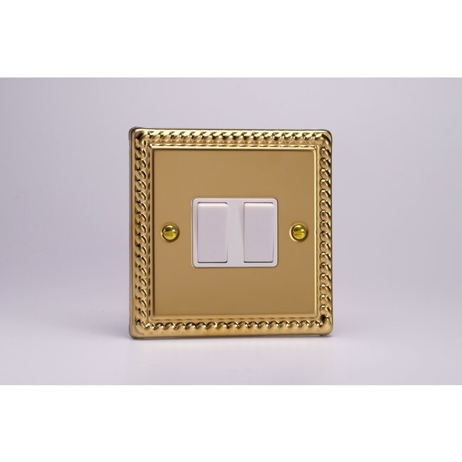 Varilight Classic 2-Gang 10A Intermediate Rocker Switch White Georgian Brass White Rockers