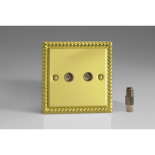 Varilight Classic 2-Gang TV Socket, Co-axial + F-Type Satellite Georgian Brass Plain Insert Varilight Classic 2-Gang TV Socket, Co-axial + F-Type Satellite Georgian Brass Plain Insert