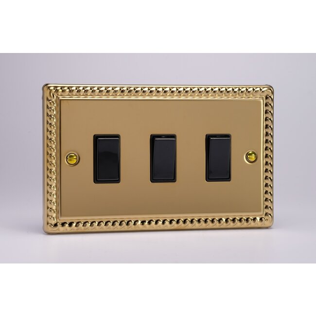 Varilight Classic 3-Gang 10A 1- or 2-Way Rocker Switch (Twin Plate) Black Georgian Brass Black Rockers