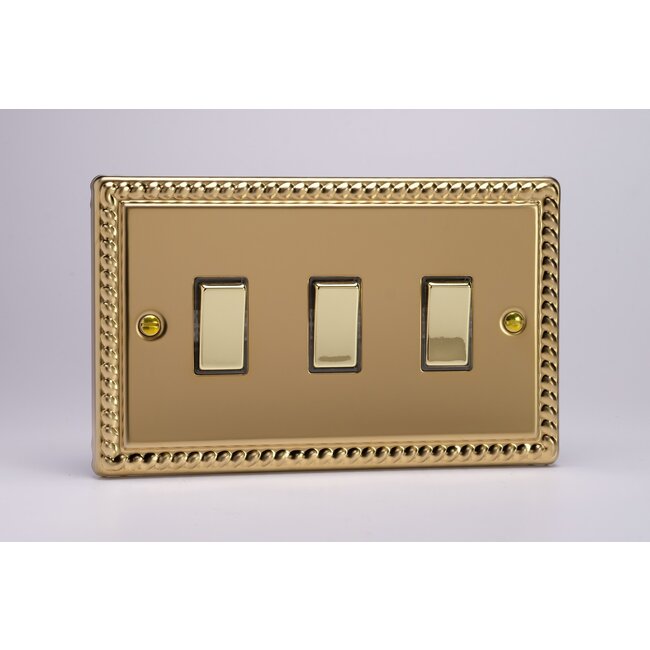 Varilight Classic 3-Gang 10A 1- or 2-Way Rocker Switch (Twin Plate) with Metal Rockers Decorative Georgian Brass Brass Rockers