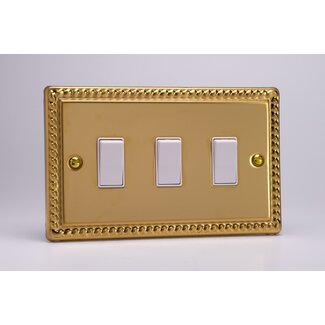 Varilight Classic 3-Gang 10A 1- or 2-Way Rocker Switch (Twin Plate) White Georgian Brass White Rockers