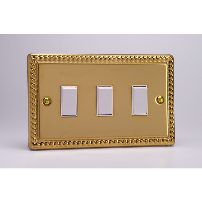 Varilight Classic 3-Gang 10A 1- or 2-Way Rocker Switch (Twin Plate) White Georgian Brass White Rockers