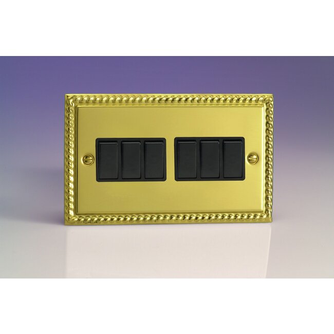 Varilight Classic 6-Gang 10A 1- or 2-Way Rocker Switch (Twin Plate) Black Georgian Brass Black Rockers