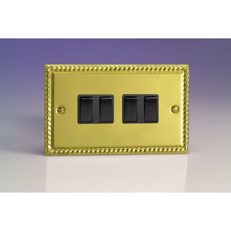 Varilight Classic 4-Gang 10A 1- or 2-Way Rocker Switch (Twin Plate) Black Georgian Brass Black Rockers
