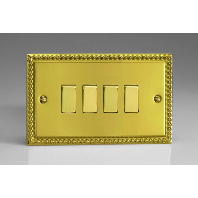Varilight Classic 4-Gang 10A 1- or 2-Way Rocker Switch (Twin Plate) with Metal Rockers Decorative Georgian Brass Brass Rockers