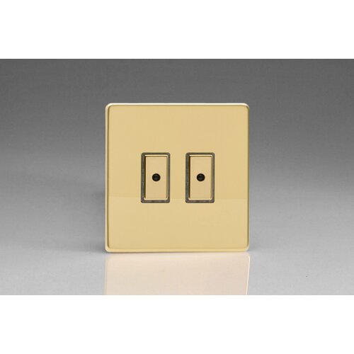 Varilight Screwless 2-Gang 1-Way V-Pro Multi-Point Remote/Tactile Touch Control Master LED Dimmer 2 x 0-100W (1-10 LEDs) V-Pro Multi-Point Remote (formerly Eclique2) Polished Brass Brass Buttons