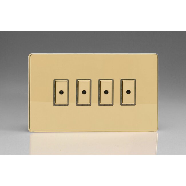 Varilight Screwless 4-Gang 1-Way V-Pro Multi-Point Remote/Tactile Touch Control Master LED Dimmer 4 x 0-100W (1-10 LEDs) (Twin Plate) V-Pro Multi-Point Remote (formerly Eclique2) Polished Brass Brass Buttons