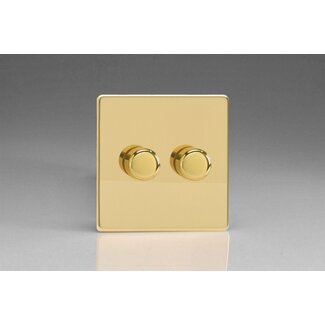 Varilight Screwless 2-Gang V-Pro Smart Master Non-WiFi Dimmer 2 x 100W LED (Multi-Way with up to 2 Supplementary Controllers) V-Pro Smart Polished Brass Brass Knobs
