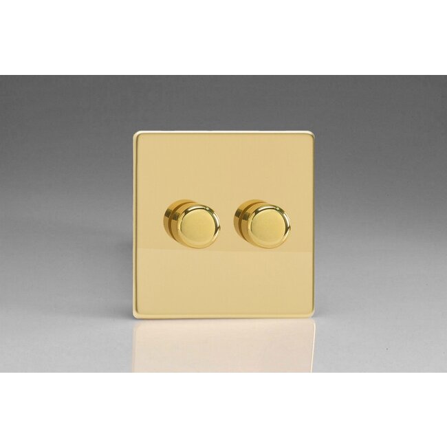 Varilight Screwless 2-Gang V-Pro Smart Master Non-WiFi Dimmer 2 x 100W LED (Multi-Way with up to 2 Supplementary Controllers) V-Pro Smart Polished Brass Brass Knobs