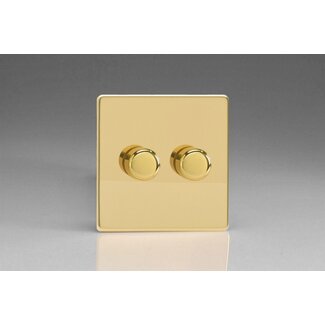 Varilight Screwless 2-Gang 2-Way Push-On/Off Rotary LED Dimmer 2 x 0-120W (1-10 LEDs) V-Pro Polished Brass Brass Knobs