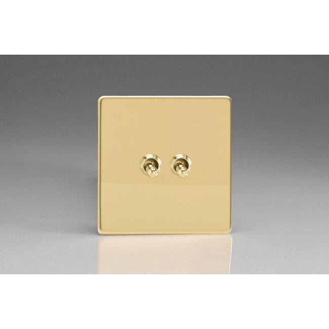 Varilight Screwless 2-Gang 10A 1- or 2-Way Toggle Switch Decorative Polished Brass Brass Toggles