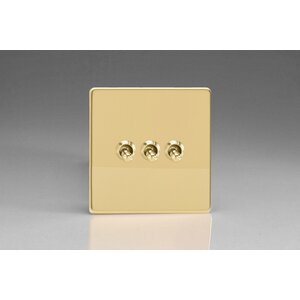 Varilight Screwless 3-Gang 10A 1- or 2-Way Toggle Switch Decorative Polished Brass Brass Toggles